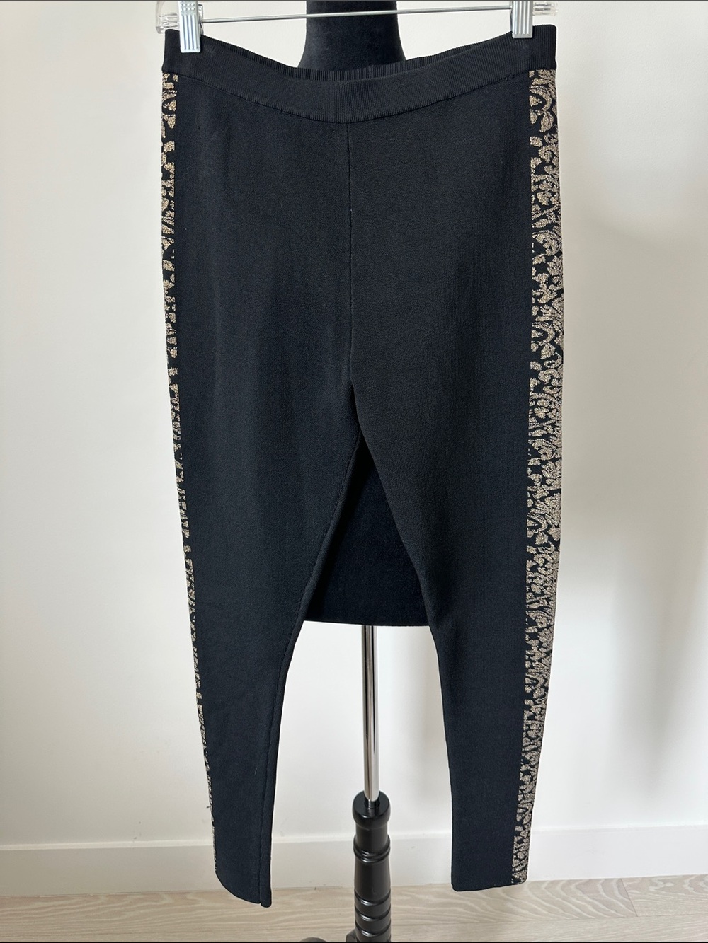 Black Knit Leggings with Gold Jacquard Side Panels